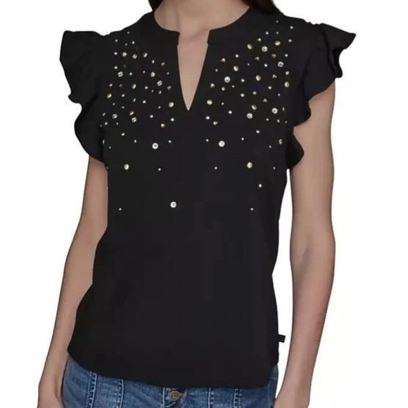Karl Lagerfeld Tops - Karl Lagerfeld Paris Studded Ruffle Knit Black Short Sleeve Top Womens Size XL